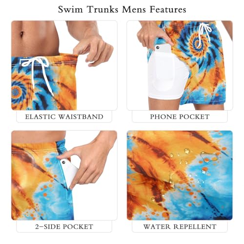 Mens Swim Trunks with Liner, Tie Dye Orange Blue Cool Quick Dry Beach Swim Shorts, Swimwear Bathing Suits S3