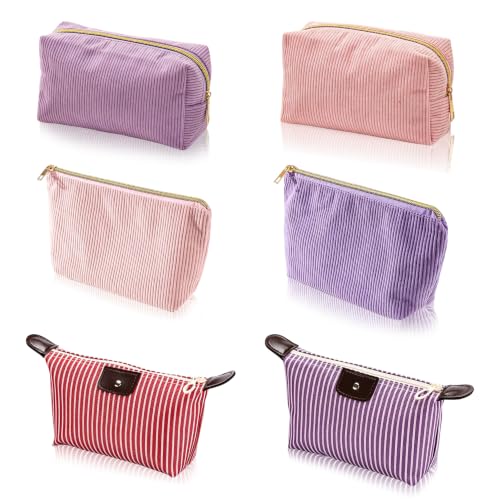Piacolnic 6 Piezas Neceser Mujer, Neceser Pequeño Rosa Rojo y Lila, Bolsa de Cosméticos de Pana y Bolsa de Maquillaje con Rayas y Textura Gofrada para Viaje y Bolso