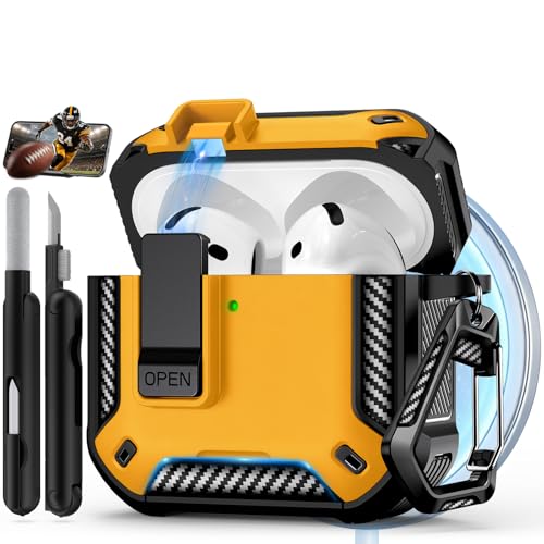 Image of for AirPods 4 Case with Lock & Phone Stand(Yellow) | Automatic Snap Switch Lock,Carbon Fiber Texture Design Cover with Cleaner Kit,Compatible with MagSafe