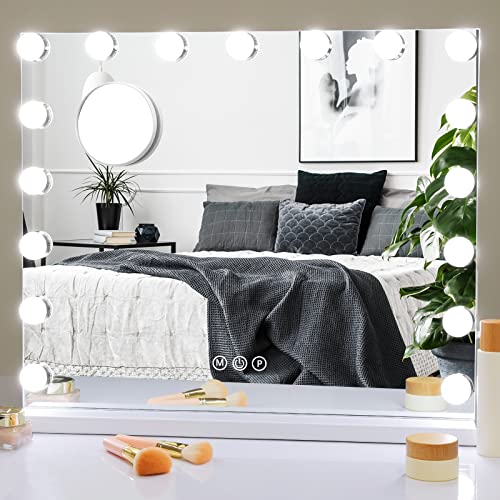Fabuday Lighted Vanity Makeup Mirror With Lights - Hollywood Desk Mirror With 17 Dimmable Led Bulbs & Usd Charging Ports For Bedroom Tabletop, Adjustable Brightness, 3 Color Lightning, White #TOP7
