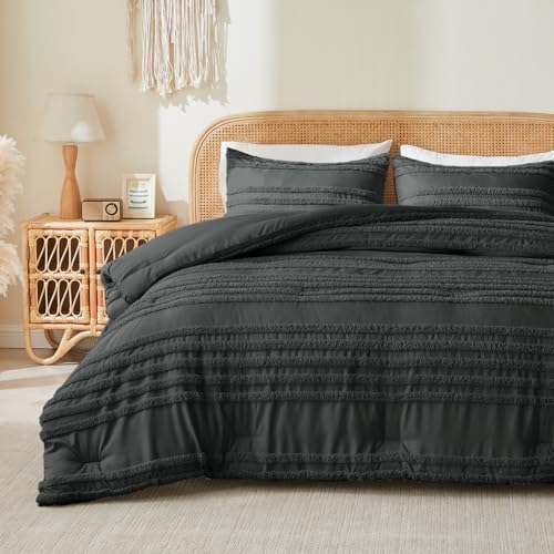 Image of BEDELITE Boho King Size Comforter Set - Dark Grey Tufted Striped Bed Set 3 Pieces, Soft Vintage Farmhouse Comforter for All Seasons, Boho Home Decor,Fluffy Jacquard Bedding with Pillow Sham