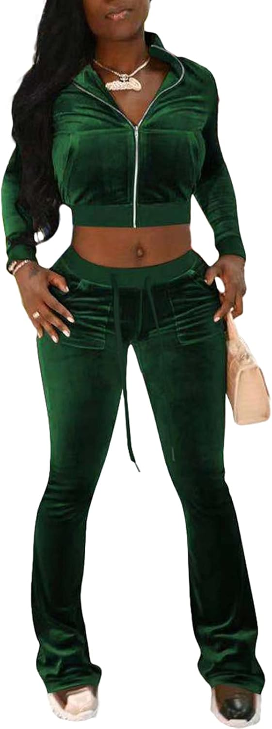 qfmqkpi Two Piece Outfits for Women Crop Top Zip Jacket and Flare Pants Set Velour Tracksuit - Image 3