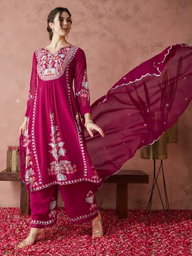 arriva fab Women's Elegant Nayra Cut Embroidered Georgette Kurta Set with Palazzo and Dupatta - Image 6
