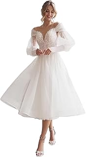 Long Sleeve Wedding Dresses for Bride Tea Length Tulle Lace Satin A Line Bridal Dress for Women
