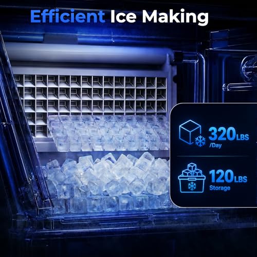 Image of Coolake Commercial Ice Maker Machine 320lbs /24H with 120lbs Storage, Stainless Steel Under Counter Ice Machine with 8-15 Mins Ice Ready, Air Cooled Freestanding Ice Machine for Restaurant Garage