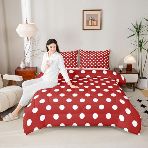 Polka Dots Comforter Set Queen Size,White Red Bedding Sets 3Pcs