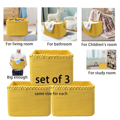 Image of COMFY-HOMI 3PACK Cotton Rope Square Basket with Handles for Shelves| Storage|Baby Basket for GIF|Shoe Basket for Organizing|New13.5 inch x 11 inch x 9.5 inch for Living Room