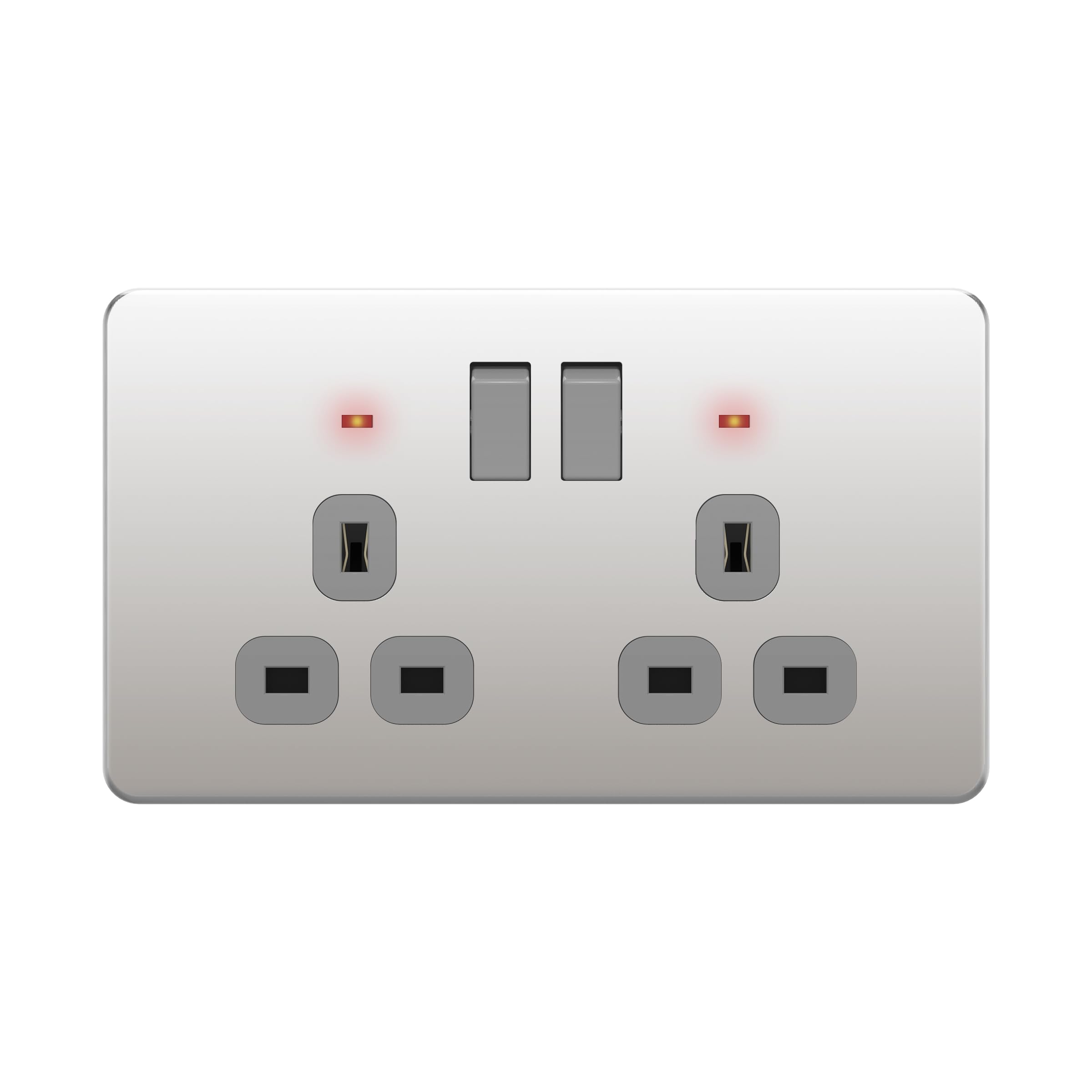 LIDER 2-Gang Switched 13A Socket with LED Power Indicators, Plug Socket with Child-Proof Shutters, Screwless Metal Plate Cover, Stainless Steel, UKCA Certified, Polished Chrome
