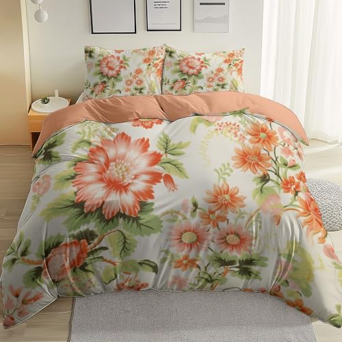 Genérico Funda Nordica Cama 90, con Botánico Floral Elegante patrón 100% Microfibra 1 Funda Nordica 220x240 + 2 Fundas de Almohada 50x75 - Color naranjaTranspirable Resistente a los ácaros del Polvo
