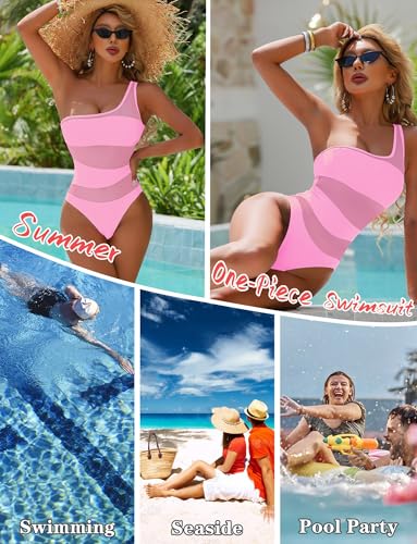 SEAUR Women's Cutout One Piece Swimsuit Mesh One Shoulder Swimwear Tummy Control Bathing Suit Monokini4