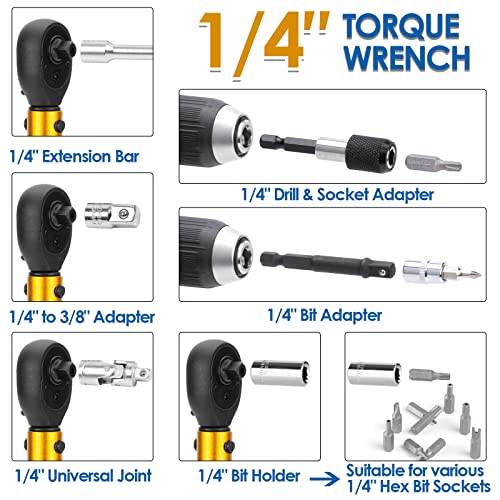 YIYEIE 50Pcs Master Bike Torque Wrench Set, 1/4 Inch Drive, 10-230 IN.LB (1-26.0 Nm), Inch Pound Click Torque Wrench with Bit Sockets, 0.1 Nm Micro, 3/8 Adapter, Pro Bicycle Tool Kit for MTB