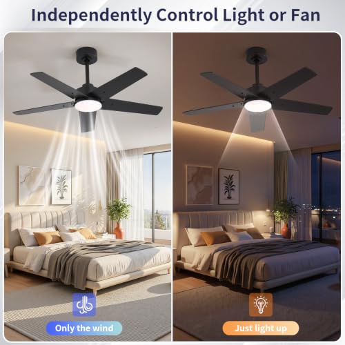 Image of 42 Inch Ceiling Fans with Lights and Remote for Bedroom Living Room Kitchen Home Office Indoor /Outdoor, 6CCT Dimmable, Dual Color 5 Blades, 6 Speed Reversible Quiet DC Motor, Black /Wood Grain