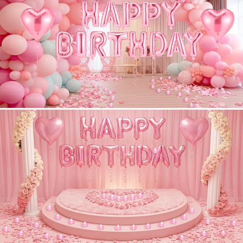 Image of Pink Happy Birthday Balloons Decorations Happy Birthday Letter Balloons Banner Set with 24pcs Heart Flameless LED Candles and 2000pcs Artificial Rose Petals for Women Men Room Party Decor