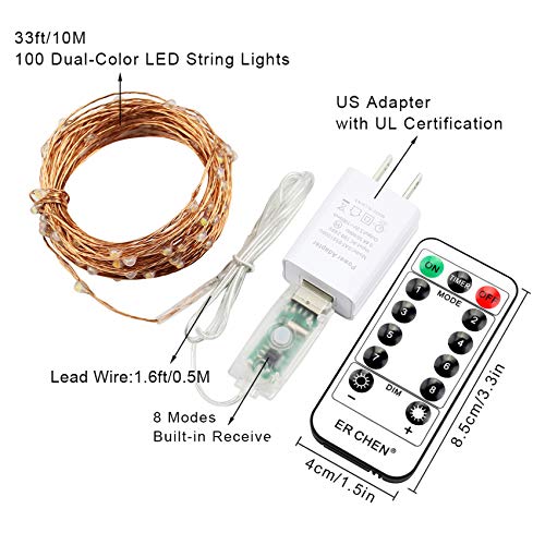 Erchen Usb Dual-Color Led String Lights, 33Ft 100 Leds Color Changing Dimmable 8 Modes Copper Wire Fairy Lights With Remote Timer For Indoor Outdoor Christmas (Warm White, White) #TOP6