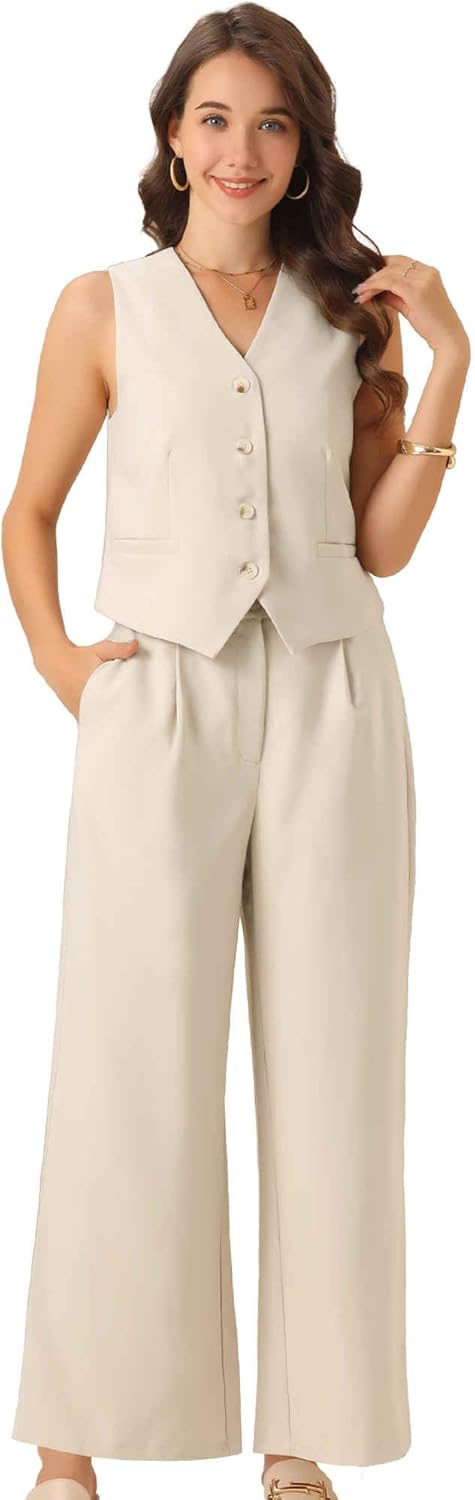 Allegra K Two Piece Outfits for Women's Button Front Sleeveless Vest Wide Leg Pants Matching Sets