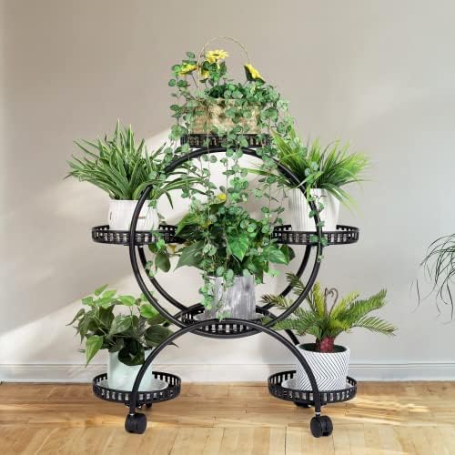 unho Metal Plant Stand Shelves, Rolling Plant Pot Stand Rack Indoor Outdoor Flower Pot Stand 4 Tier Plant Shelf 6 Potted Holders with Wheels for Patio Garden Living Room Office