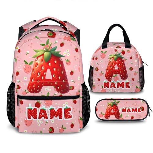 Girls Schoolbag, Custom Strawberry Letter Backpack for Girls, Personalized 3Pcs Set Casual Bookbag for Preschool Elementary Kindergarten Travel