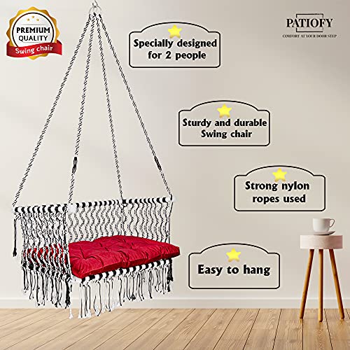 Image of Patiofy Premium Large Double Seater Swing Chair /Hanging Hammock Swing Chair for 2 People /Jhula for Adults & Kids / 2 Seater Swing for Balcony, Free Hanging Kit & Sitting Cushion Included(White-Black)