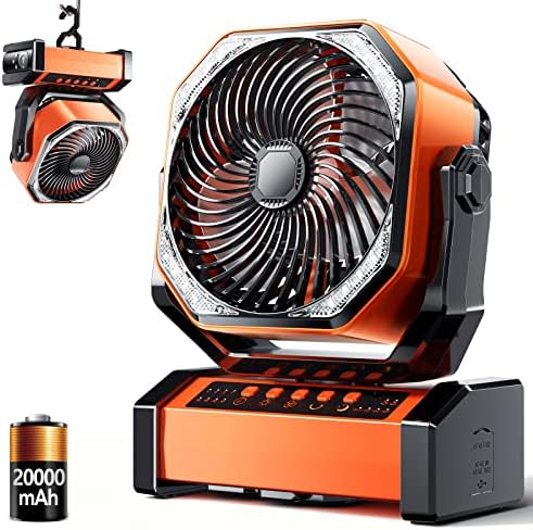 Camping LED Fan with Light, 20000mAh Rechargeable Battery Powered Outdoor Tent Fan with Light and Remote, 4 Speed, Personal USB Desk Fan for Camping, Fishing,Power Outage,Hurricane, Worksite