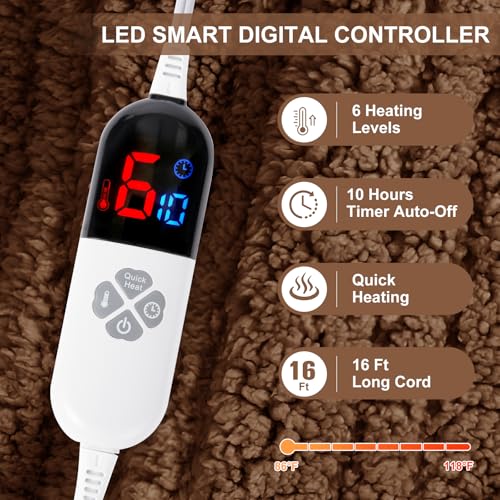 Heated Blanket Full Size 72"X84" Brown - Soft Double Sided Sherpa Electric Blanket Full Size with LED Display, 6 Heating Levels & 10 hrs Timer, Machine Washable & Fast Heating, Gift for Women