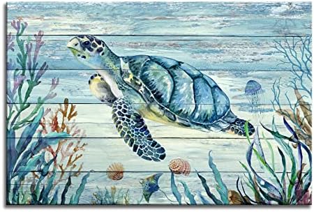 Sea Turtle Wall Art Bathroom Decor Beach Picture Canvas Posters Print Modern Artwork Cute Funny Animal Framed For Living Room Kids Room Bedroom Wall Painting Home Decor, 16X24 Inches