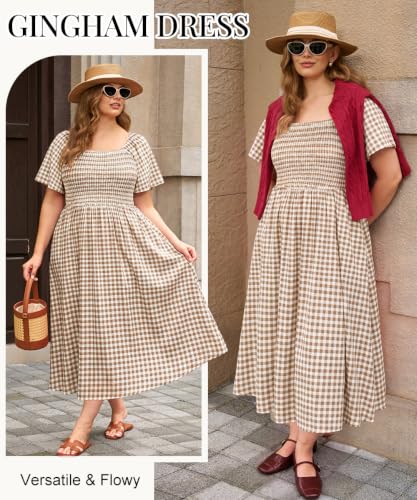 Image of RITERA Plus Size Dresses for Curvy Women Square Neck Short Sleeve Summer Floral Smocked Maxi Dress with Pocket XL-5XL