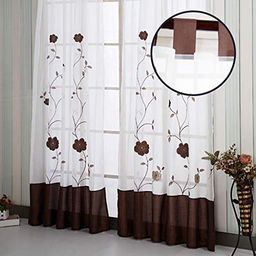 SIMPVALE 1 Pièce Rideau à Pattes Voilage Broderie Floral pour Chambre Cuisine Salon, Marron, Largeur 140cm x Hauteur 225cm