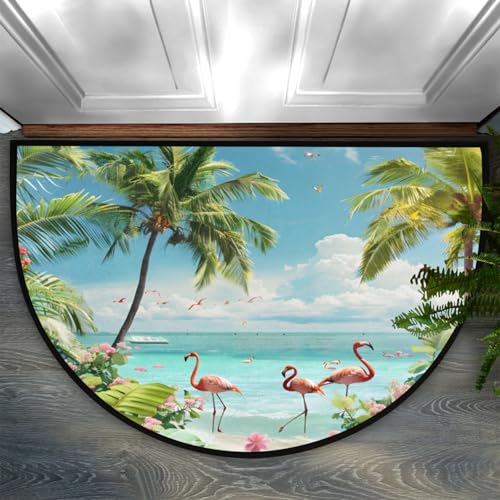 Image of Half Round Doormat Summer Flamingo Beach Flowers Non Slip Half Circle Area Rugs Indoor Washable Half Moon Rug Semi Circle Bathroom Runner Mat Entrance Floor Carpet for Kithen Bedroom Fireplace Decor