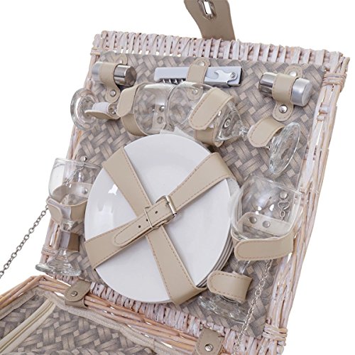 Mendler Picknickkorb-Set für 4 Personen, Picknicktasche + Kühlfach, Porzellan Glas Edelstahl, beige - 6