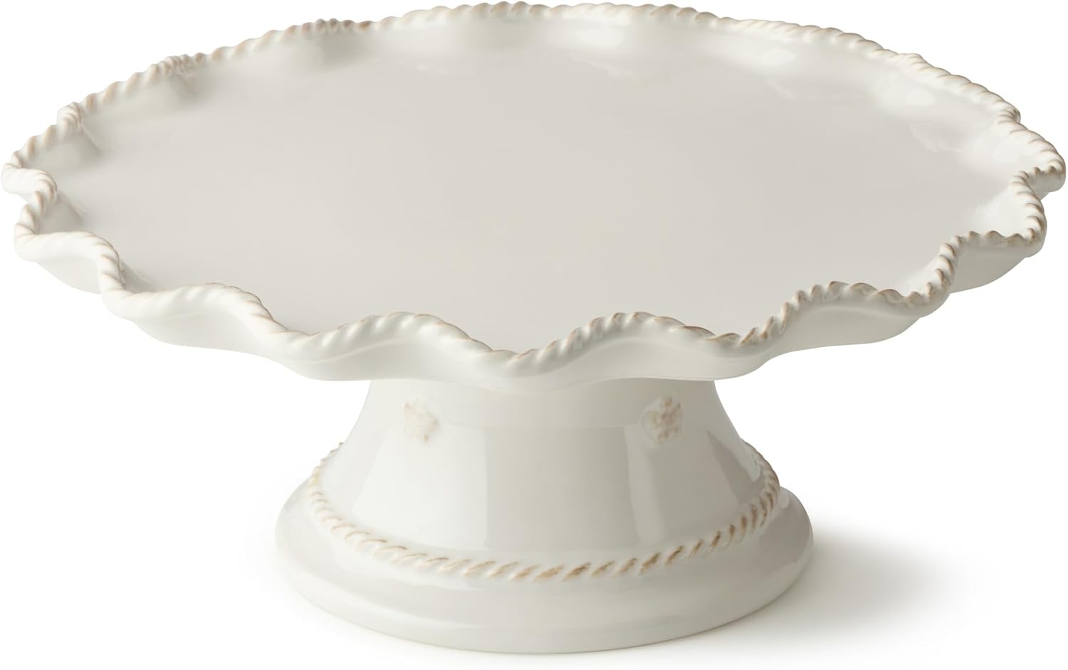 Heritage Scroll Footed Cake Plate – Elegant 11.5" x 4.75" Ivory Stoneware Pedestal Stand with Sculpted Rim – Display Cakes, Cupcakes, Pies & Pastries in Timeless Style