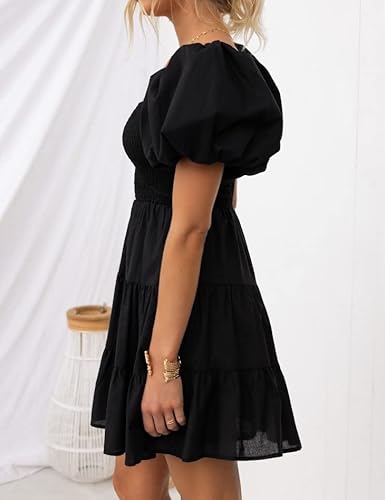 Zesica Women's 2023 Boho Summer Square Neck Puff Sleeve Off Shoulder Smocked Tiered Casual A Line Short Mini Dress,Black,Large #TOP3