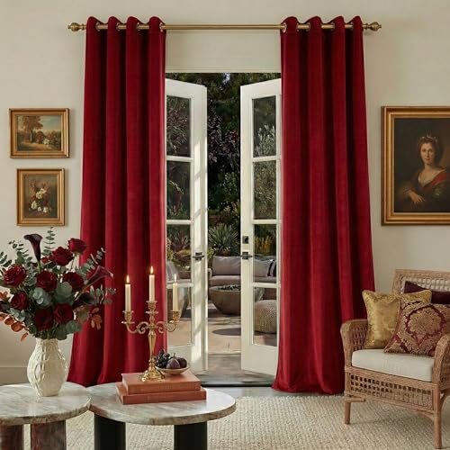NICETOWN Red Velvet Curtains 84 inches for Living Room - Ruby Red Grommet Drapes for Bedroom Living Room, Romantic Wedding Decor Thermal Panel, 52 x 8