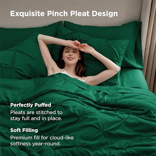 Image of Bedsure Twin Comforter Set Dark Green - Bed in a Bag Twin Size 5 Pieces, GentleSoft Pintuck Bed Set Gift for Family, All Season Down Alternative Comforter with Sheets, Pillowcase & Sham