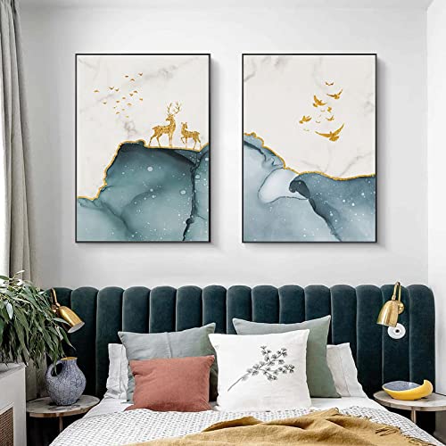 Peinture oiseau doré pour mur vide : triptyque abstrait moderne salon 60x80cm