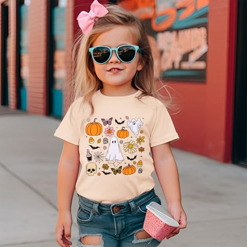 IZYJOY Toddler Baby Girl Halloween Shirt Cute Ghost Pumpkin Floral T-Shirt Kids Spooky Season Short Sleeve Tee Fall Tops3