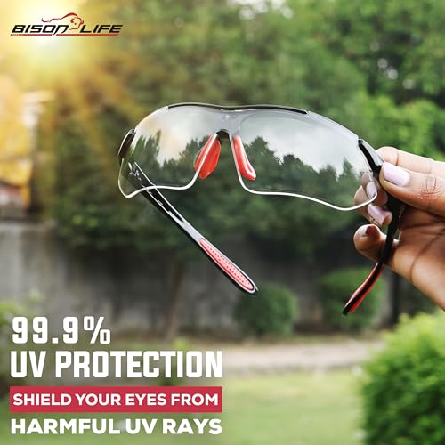 Image of BISON LIFE Vison Safe SportzV Safety Glaases - Clear Lens Black Temple Anti-Scratch Anti Fog Red Soft Rubber Nose Pads & Soft Touch Temple Tips, Outdoor Sports Construction Eyewear for Men & Women