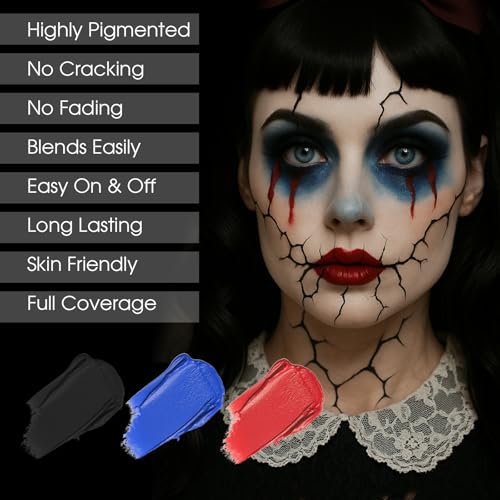 Image of BADCOLOR 3PCS Red Black Royal Blue Face Body Paint Stick Makeup for Skull Vampire Clown Joker SFX Cosplay & Dress Up, Full-Coverage Halloween Facepaint Makeup Kit