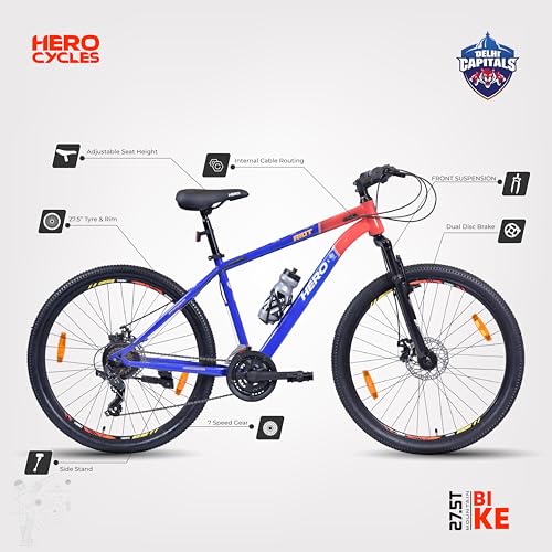 Image of Hero RIOT DC 27.5T 21 Speed Mountain Bicycle for Mens | Front Suspension | Disc Brake | Frame 17.5 Inches | Blue-Red | IPL Edition | Ideal for 15+ Yrs | 95% Assembled Cycle(Ready to Ride in 5 Min)