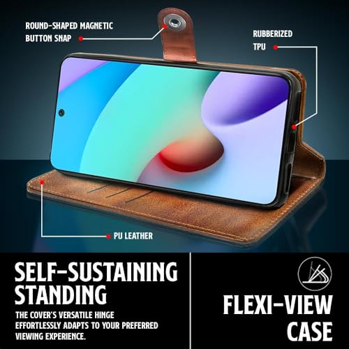Image of WOW IMAGINE Shock Proof Flip Cover Back Case for Xiaomi Mi Redmi 10 Prime (Magnetic Button Flip Case | Wallet Pockets & Stand | Leather Finish | Alder Brown)