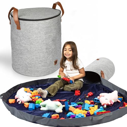 Toy Storage Basket and Playmat - Large Toy Blanket Storage Mat with Zippers - Slide Away Canvas Bag Storage Bin - Sturdy Kids Storage Baskets & Mat - Toy Bag Play Mat for Girls & Boys, Light Grey