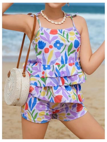 Verdusa Girl's 2 Piece Floral Tankini Set Ruffle Layered Camisole Shorts Swimsuit4