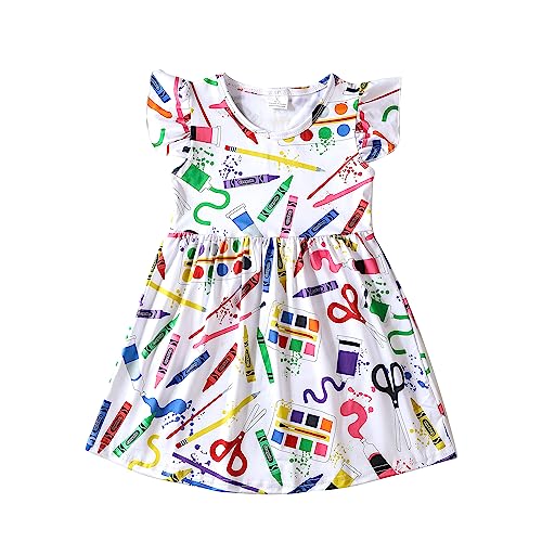 Toddler Girls Back to School Print Dresses Pencil Flutter Sleeve Clothes School Outfits 2-8Y