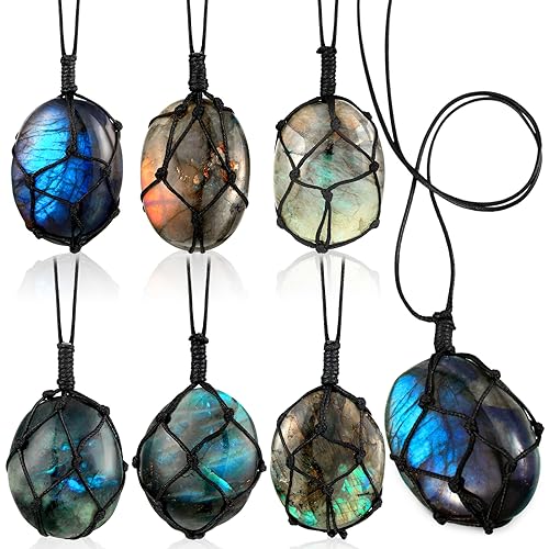6 Pcs Labradorite Dragon Heart Necklaces Natural Crystal Pendant Wrap Braid Jewelry Stone Labradorite Crystal Colorful Jewelry Necklace for Women Men Gifts