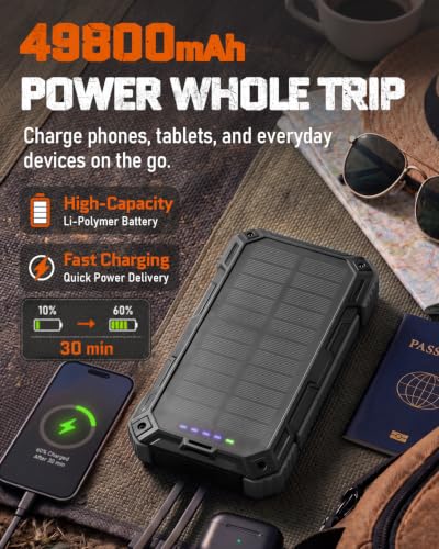 Image of Solar Charger Power Bank - 49800mAh Solar Phone Charger with USB-C in /Output, QC 3.0 Fast Charging with LED Flashlight, Built-in 4 Cables, IP65 Waterproof Fits for Outdoor (Black)