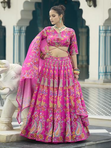 Image of PURVAJA Women's Chinon /Art Silk Semi-Stitched Lehenga choli