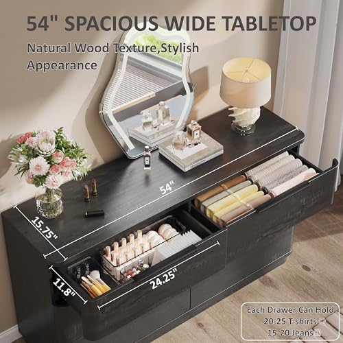 Image of 6 Drawer Dresser for Bedroom, 54 inch Wide Modern Chest of Drawers with Metal Handle, Curved Profile Design, Wooden Black Dresser Closet Clothes Storage TV Stand for Living Room, Hallway