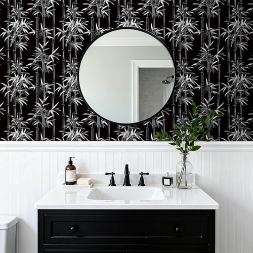 LaCheery 17.5\"x275\" Chinoiserie Bamboo Peel and Stick Wallpaper Black and White Bamboo Leaf Contact Paper Black Wall Paper Renter Friendly Roll for Walls Bedroom Bathroom Waterproof Dark Leaves Design
