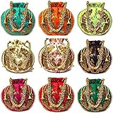 IGH Wholesale Lot | Handmade Embroidered Clutch Purse Potli Bag Drawstring Pouch Bag Peacock Embroidered Potli for Wedding Favor, Pack of 10