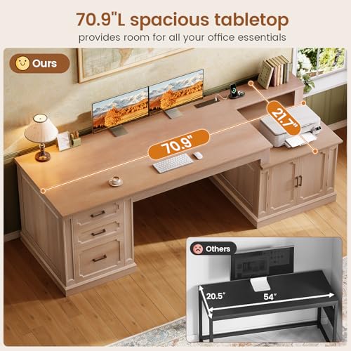 Image of SEDETA Farmhouse 70.9 inch Executive Desk, Home Office Desk with File Drawers and Storage Cabinet, Computer Desk with Power Outlet for Home Office, Work Study Writing, Oak