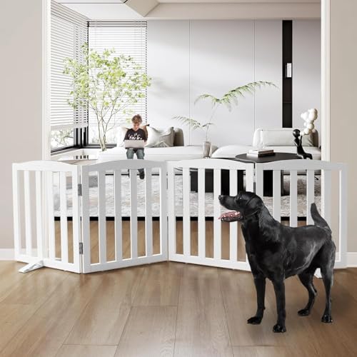 Image of Freestanding Pet Gate, Folding Safety Fence Wooden Kids & Dog Gate with 2PCS Support Feet Ideal for Stairs, Doorways, Halls, Kitchens, Indoors Gates, 24 inch(60 Cm), White (4 Panel)
